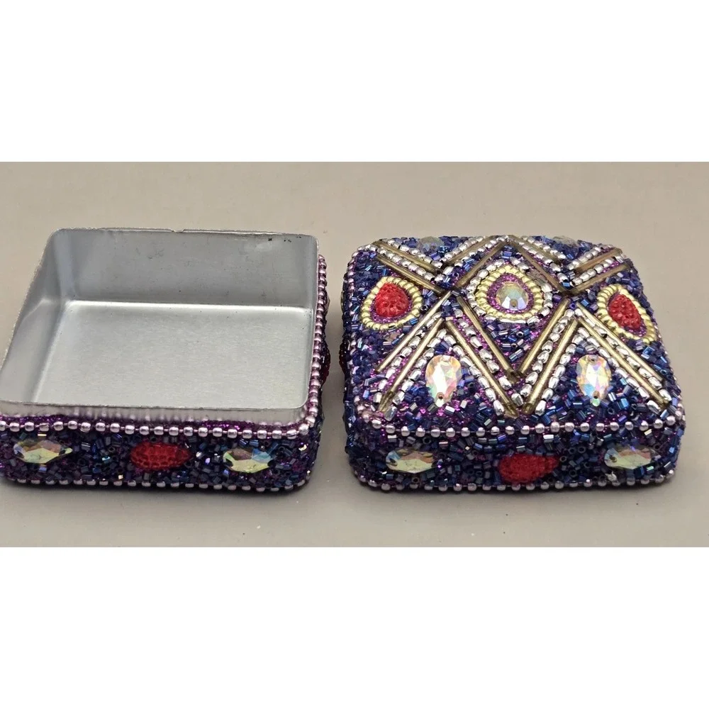 Mini Purple Tin Trinket Box Purple Beading Jeweled Vintage Pier One Imports B#36
